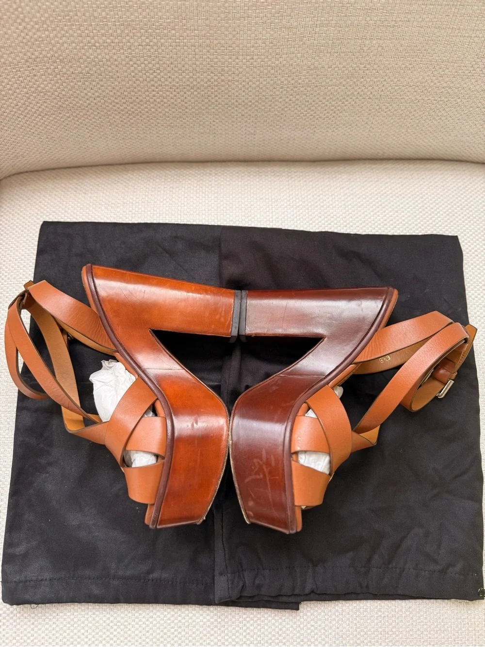 Ralph Lauren Collection Cognac Leather Strappy Platform Sandals